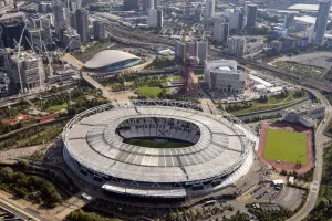 Prints of London Stadium, formerly known as Olympic Stadium and site of 2012 Summer Olympics, now home to West Ham United Football Club, Stratford Marsh, and the ArcelorMittal Orbit, Greater London Authority Sport Prints: London Stadium Print, a 2021 aerial photograph of the stadium