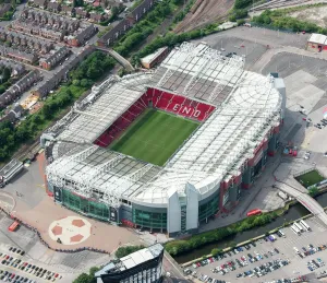 Prints of OLD TRAFFORD, Greater Manchester. Aerial view 2017. Stadium home of Manchester United Football Club Manchester Prints: Old Trafford Aerial View Print