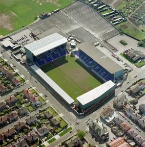 Prints of PRENTON PARK, Tranmere. Home of Tranmere Rovers Football Club. Photographed in May 1995. Aerofilms Collection (see Links) Sport Prints: Prenton Park Football Ground Print, May 1995