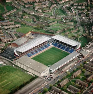 Prints of TURF MOOR stadium, Burnley. Aerial view of the home of Burnley Football Club since 1883. Photographed in 1997 Sport Prints: Turf Moor Print: Aerial View of Burnley Football Club Stadium