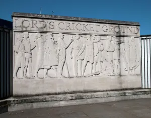Lords Cricket Ground Prints: Print of a relief sculpture depicting various sportsmen and women outside Lord's Cricket Ground