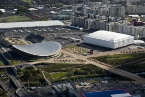 Prints of Olympic Park. Queen Elizabeth Olympic Park, London. The Velodrome, Basketball Arena and Olympic Village. Photographed in September 2012 Royalty Prints: Olympic Park Print, 2012 London Olympics