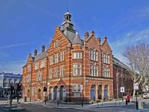 Prints of St Pancras Public Baths, Prince of Wales Road, Kentish Town, Camden, Greater London Greater London Prints: St Pancras Public Baths Print: Main Entrance Block and Public Hall