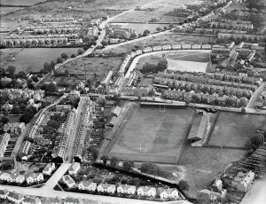 Prints of Kingsholm Stadium, Gloucester. First built in 1891, it has been home for the Gloucester Rugby Union club ever since. Photographed in 1928 Gloucester Prints: Print of Kingsholm Stadium in Gloucester, 1928