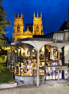 <b class=qtipBold><figcaption>Theatre Royal, York DP138584</figcaption></b><br>York, North Yorkshire. General view of front elevation of Theatre Royal, St Leonard's Place by Patrick Gwynne, lit at twilight.<br><em>© Historic England</em> Theatre Royal, York DP138584