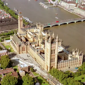 Prints of PALACE OF WESTMINSTER, London. Aerial view Victorian Architecture Prints: Aerial view Print of the Palace of Westminster