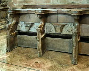 Prints of St Peter's Collegiate Church, Lich Gates, Wolverhampton. Interior view of St Peter's Church, showing stalls with misericords Wolverhampton Prints: St Peter's Church Misericord Print