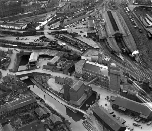 Prints of The J. N. Miller Ltd Old Steam Flour Mill and the railway station, Wolverhampton, 1938 Wolverhampton Prints: Wolverhampton Station Print, 1938
