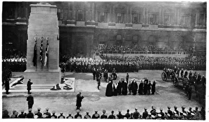 <b class=qtipBold><figcaption>Unveiling the Cenotaph SAM01/02/0074</figcaption></b><br>The unveiling ceremony of the Cenotaph on Whitehall, Westminster, Greater London. The Cenotaph was unveiled on Armistice Day, 11 November, 1920 by King George V. He is shown in this photograph to the right of the Cenotaph, having just pushed the button which caused the two Union Jack flags to fall (they can be seen at the base of the memorial). The memorial to the war dead was constructed by Sir Edward Lutyens in 1919-20. From the Julian Joseph Samuels collection.<br><em>© Historic England Archive</em> Unveiling the Cenotaph SAM01/02/0074