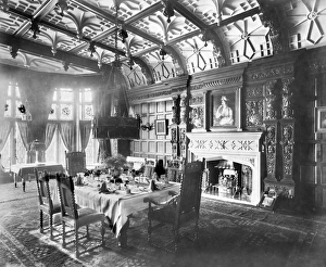 <b class=qtipBold><figcaption>Victorian dining room BL13773</figcaption></b><br>Enmore, 34 Alexandra Drive, Sefton Park, Liverpool, Merseyside. Victorian interior of the dining room extension completed in 1896. The panelling, plasterwork and big oriel window, this room is reminiscent of an Elizabethan manor house. Photographed in August 1896 by Bedford Lemere.<br><em>© Historic England</em> Victorian dining room BL13773