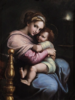 <b class=qtipBold><figcaption>Virgin and Child N070575</figcaption></b><br>APSLEY HOUSE, London. "Virgin and Child". A copy of Raphael's Madonna della Sedia - the faces were attributed to Raphael (1483-1520), and the chiaroscurro to Giulio Romano (1499-1546), but neither attribution stands up. Possibly early 17th century. Currently no attribution. Previously part of the Spanish Royal Collection. Captured by Wellington at Vitoria in 1813.<br><em>© Historic England</em> Virgin and Child N070575