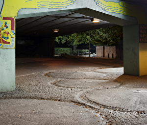 <b class=qtipBold><figcaption>Volgograd Place DP164679</figcaption></b><br>Volgograd Place, Coventry, West Midlands. General view from the south showing the abandoned cobbled fountains under the ring road overpass.<br><em>© Historic England</em> Volgograd Place DP164679