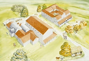 <b class=qtipBold><figcaption>Wall Roman Site J850135</figcaption></b><br>WALL ROMAN SITE (LETOCETUM), Staffordshire. Aerial reconstruction drawing by Claire Thorne of the Bath House and Hostel.<br><em>© Historic England</em> Wall Roman Site J850135