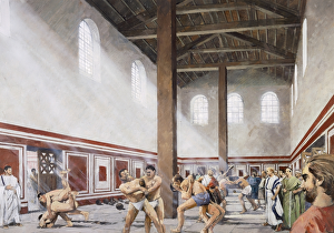 <b class=qtipBold><figcaption>Wall Roman Site J970063</figcaption></b><br>WALL ROMAN SITE (LETOCETUM), Staffordshire. Interior view. The gymnasium area of the baths. Reconstruction drawing by Ivan Lapper.<br><em>© Historic England</em> Wall Roman Site J970063