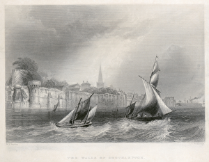 <b class=qtipBold><figcaption>Walls of Southampton N110166</figcaption></b><br>MAYSON BEETON COLLECTION. Southampton, Hampshire. "The Walls of Southampton" by J C Armytage. Shows the medieval walls before the construction of the Western Shore Road in 1850, with sailing vessels in the foreground. Steel engraving dated 1841.<br><em>© Historic England</em> Walls of Southampton N110166
