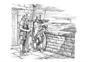 <b class=qtipBold><figcaption>Watching the frontier IC048/025</figcaption></b><br>Hadrian's Wall. Reconstruction line drawing of soldiers keeping watch. Based on Denton Hall Turret (7b) in Newcastle upon Tyne. Attributed to Philip Corke. c.1985 - c.2000. hadrian<br><em>© Historic England</em> Watching the frontier IC048/025