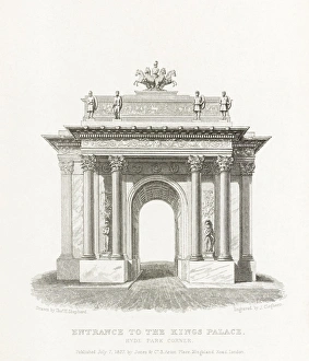 <b class=qtipBold><figcaption>Wellington Arch N110232</figcaption></b><br>WELLINGTON ARCH, Hyde Park Corner, Westminster, London. "Entrance to the King's Palace" by T H Shepherd. Published in James Elmes (1827) "Metropolitan Improvements, or London in the nineteenth century..." Line engraved (steel). From the Mayson Beeton Collection.<br><em>© Historic England</em> Wellington Arch N110232