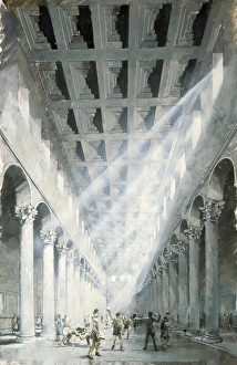<b class=qtipBold><figcaption>Wroxeter Roman City J900039</figcaption></b><br>WROXETER ROMAN CITY, Shropshire. Reconstruction drawing of interior of exercise hall or basilica by Ivan Lapper.<br><em>© Historic England</em> Wroxeter Roman City J900039