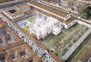 <b class=qtipBold><figcaption>Wroxeter Roman City J980153</figcaption></b><br>WROXETER ROMAN CITY, Shropshire. Aerial view reconstuction drawing of the baths in the 2nd century AD by Ivan Lapper.<br><em>© Historic England</em> Wroxeter Roman City J980153