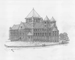 <b class=qtipBold><figcaption>York Minster IC256_003</figcaption></b><br>A reconstruction drawing, by Allan T. Adams, showing the exterior of York Minster as it may have appeared circa 1070 from the south-east.<br><em>© Historic England Archive</em> York Minster IC256_003