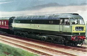 Prints of This coloured drawing of British Rail Class 47 diesel-electric locomotive D1743 comes from the front page of a souvenir booklet celebrating the naming ceremonies of two locomotives, c.1962 Artwork And Documents Prints: Colour Print of British Rail Class 47 Locomotive D1743