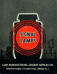 Prints of This image was taken from the front cover of a Signal Lamps catalogue and shows the silhouettes of a train, signal gantry and a lamp Artwork And Documents Prints: Signal Lamps Print: Train and Gantry Silhouette