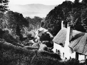 Selworthy Green Print, c.1927, a GWR view of thatched cottages in Somerset