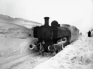 Print of Pannier Tank No. 7766, c. 1930s, a Steam Locomotive Stuck in Snow