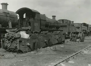 Prints of Steam locomotives waiting to be scrapped are shown lined up in the Concentration Yard at Swindon Works in 1952 Standard Gauge Prints: Steam Locomotives in Concentration Yard Print 1952