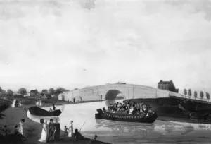 Prints of A view of the Firft Bridge at Paddington and the Accommodation Barge going down the Grand Union Canel to Uxbridge Bridges, Viaducts And Tunnels Prints: Firft Bridge Print: Grand Union Canal Scene