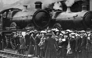 Print of Swindon Works Trip, c1910: Families Queue to Board Trains