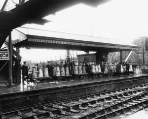 Prints of A view of Highbridge station in Somerset, taken in 1928. Milk churns sit on platform barrows having just been dropped off by the dairies. They await an incoming train to pick them up Somerset Station Prints: Highbridge Station Print, Somerset 1928