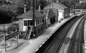 Prints of A quiet looking Milverton Station photographed in the 1950 s. The signal box, station building and goods shed all stand alongside each other on the down platform which took trains onto Wiveliscombe Somerset Station Prints: Milverton Station Print, Somerset, c. 1950s