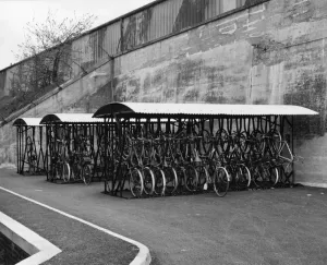 Steam Museum Exhibits UK Prints: Cycle rack outside the Apprentice Training School, Swindon