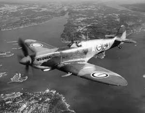 Print of a Supermarine Spitfire in flight over Oslo Fjord