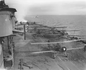 Prints of Fairey Swordfish I aircraft of 810 Sqn with Grumman Martlets in the background, HMS Illustrious, 1942 World War I Prints: Fairey Swordfish Print, HMS Illustrious 1942