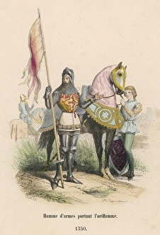 <b class=qtipBold><figcaption>14th Century Soldier</figcaption></b><br>A French soldier of the 100 Years War, carrying the 'oriflamme' or standard : his page holds his armoured horse<br><em>© Mary Evans Picture Library</em> 14th Century Soldier