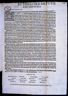 <b class=qtipBold><figcaption>1607 Proclamation</figcaption></b><br>Proclamation of the Lord Deputy and Council, November 1607 restoring the lands and titles of Earl Tyrone and Tirconnel and pardoning them for treason Date: 1607<br><em>© Mary Evans / National Archives</em> 1607 Proclamation