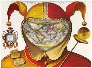 Images Dated 30th August 2017: 16th century red and yellow Jesters Cap costume map of the world