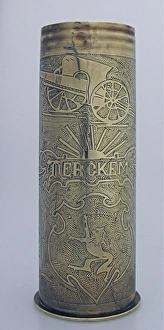 A 1913 77 mm shell case, engraved Merkem A 1913 77 mm shell case, engraved Merkem