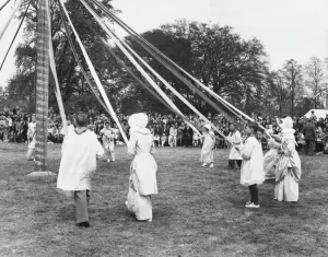 Prints of The children of Ickwell, Bedfordshire continue the English tradition of Maypole dancing on the village green as part of their May Day festivities Bedfordshire Prints: Maypole Print: Ickwell Village Green Scene