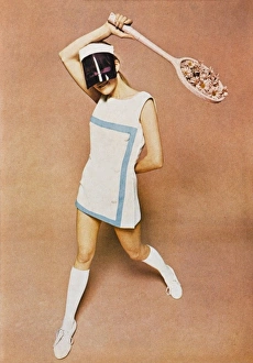 <b class=qtipBold><figcaption>1960s tennis fashion</figcaption></b><br>A Dacron and cotton dress squared off in blue by famous tennis dress designer, Teddy Tinling, worn with a purple plastic visor by Joan Ferguson and white leather shoes laced in pink made especially for Teddy Tinling by Anello and Davide. Part of a fashion spread in London Life, a short-lived magazine which nevertheless captured the mood and spirit of 1960s London.<br><em>© Illustrated London News Ltd/Mary Evans</em> 1960s tennis fashion
