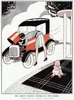 1929 Print: Woman's Car Repair Chaos