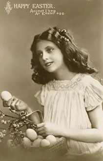 <b class=qtipBold><figcaption>Accept, I Beg, an Egg</figcaption></b><br>'Accept, I beg, an Easter egg' A pretty girl offering Easter eggs from a basket.<br><em>© Mary Evans Picture Library</em> Accept, I Beg, an Egg