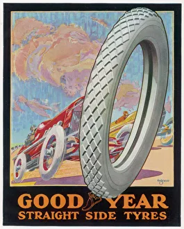 <b class=qtipBold><figcaption>Advert/Goodyear Tyres</figcaption></b><br>Showcard for GOODYEAR Straight Side Tyres<br><em>© Mary Evans Picture Library</em> Advert/Goodyear Tyres