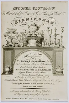<b class=qtipBold><figcaption>Advertising leaflet</figcaption></b><br>Advertising leaflet for silver and plated wares including table services, candlesticks, dishes, tureens and lamps manufactured by Spooner Clawes & Co. of Birmingham, printed in England c.1820-1830. Date: 1820-1830<br><em>© The Geffrye Museum of the Home / Mary Evans Picture Library</em> Advertising leaflet