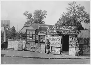 Prints of Advertising outside a Leicester shop, using all available space Leicestershire Prints: Leicester Shop Advertising Print, 1930s