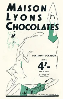 Advertisement for Maison Lyons chocolates showing art deco style figures indulging in Advertisement for Maison Lyons chocolates showing art deco style figures indulging in
