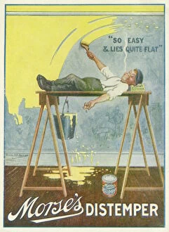 Advertisement for Morse's distemper with a decorator lying flat while painting the walls