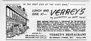 Advertisement for Verrey's restaurant on Regent Street, a popular West End haunt since it Advertisement for Verrey's restaurant on Regent Street, a popular West End haunt since it